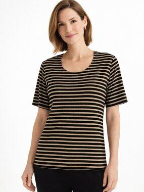 Chico’s Women’s Travelers Lurex U‑Neck Top Metallic Gold Black Stripe Size XS